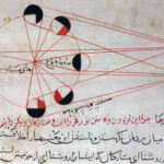 Illustrations show the path of the moon around earth and the earth around the Sun leading to different phases of the moon and the solar and lunar eclipses. Text is in Arabic.