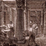 The Great Library of Alexandria show payrus books arranged carefully by assistants. On a round desk in the left corner people are reading the books. The library looks old and historic.
