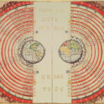 Figure of the heavenly bodies - Illuminated illustration of the Ptolemaic geocentric conception of the Universe by Portuguese cosmographer and cartographer Bartolomeu Velho (?-1568). From his work Cosmographia, made in France, 1568 (Bibilotèque nationale de France, Paris). Notice the distances of the bodies to the centre of the Earth (left) and the times of revolution, in years (right). The outermost text says: "The heavenly empire, the dwelling of God and of all of the elect"