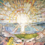 Painting shows rising sun on the horizon with its bright rays illumuniating the world.