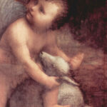 painting of a infant boy playing with ears of sheep and looking to the top left