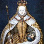 Queen Elizabeth I of England in her coronation robes, patterned with Tudor roses and trimmed with ermine. She wears her hair loose, as traditional for the coronation of a queen, perhaps also as a symbol of virginity. The painting, by an unknown artist, dates to the first decade of the seventeenth century (NPG gives c.1600) and is based on a lost original also by an unknown artist.