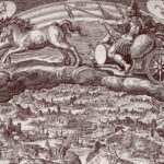 Mars the god of war, rules the signs Scorpio and Aries. He is riding in his chariot over the clouds, below we can see the world where people are engaged in strife and war.