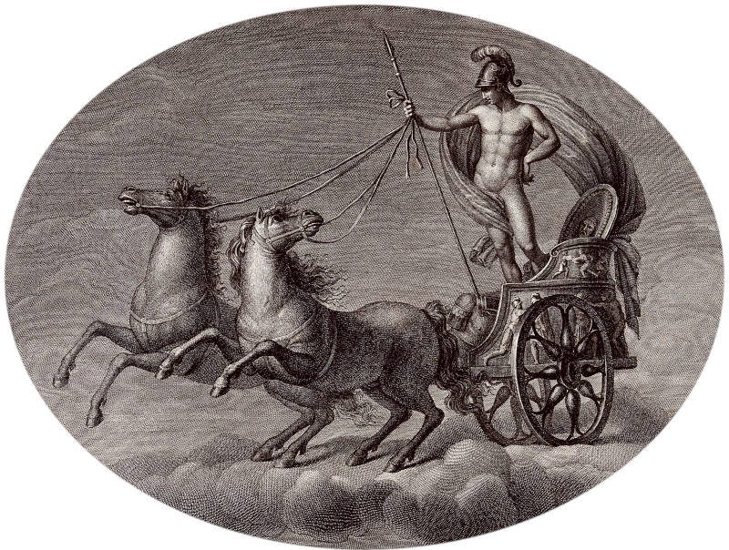 Mars is riding in his chariot over the clouds