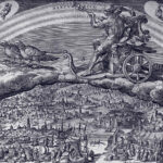 Mercury, the ruler of signs Gemini and Virgo, is shown riding in his chariot above the world where people are engaged in trade and commerce.