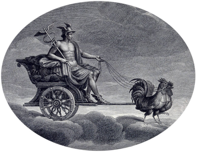 Mercury is shown riding in his chariot over the clouds