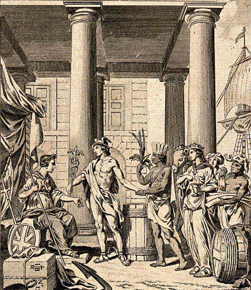 Mercury is the god of trade and commerce. Picture shows Mercury negotiating a trade.