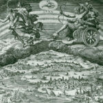 Diana rides the chariot of the moon across the heavens. On earth we see sea and maritime activities.