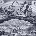 Saturn, the greater malefic, rules the two tropical signs of Capricorn and Aquarius. He is riding over the clouds on his chariot driven by dragons. Down we see a rockly landscape with workers and miners toiling hard.