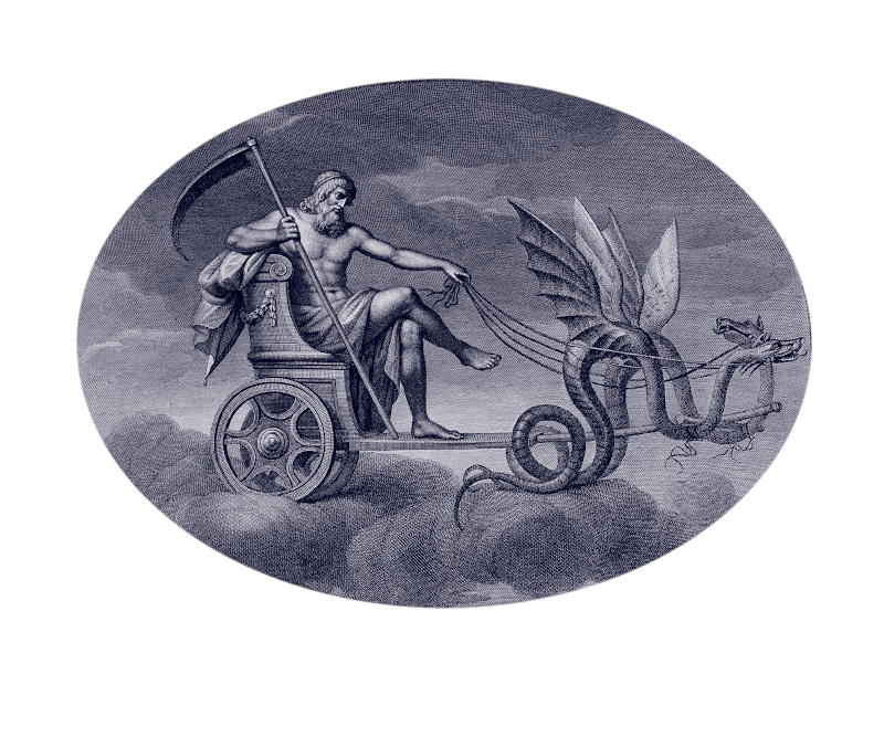 Saturn, carrying his scythe, is riding in his chariot over the clouds. The chariot is driven by dragons.