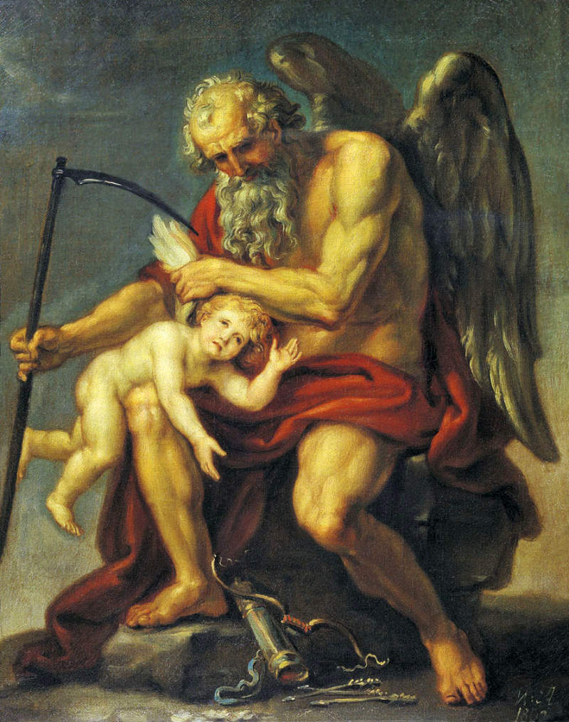 Saturn clipping the wings of a boy using his scythe