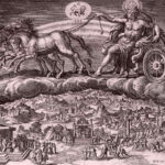 The Sun god riding across the sky over the clouds; people below are kingly, worshipping god and maintaining the empire