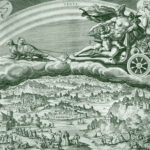 Venus is riding her chariot over the clouds. The people below are singing, dancing and involved in the arts.