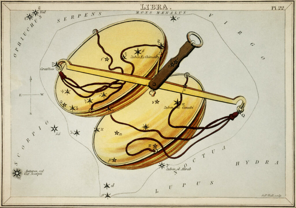 The constellation of Libra by Sidney Hall shows Scales among the starry sky