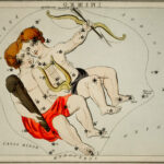 The constellation of the twins, Gemini, show two boys facing each other, playing music and getting ready for mischief, amidst the background Gemini stars.