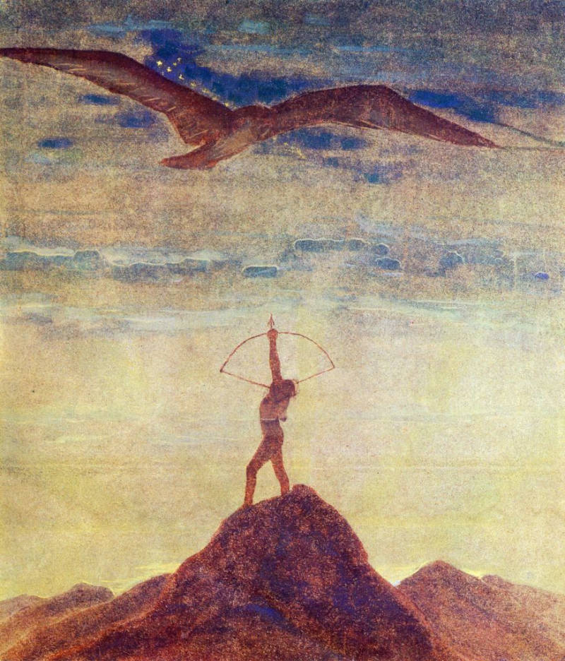 Painting demonstrating Sagittarius sign using a archer aiming at a flying bird