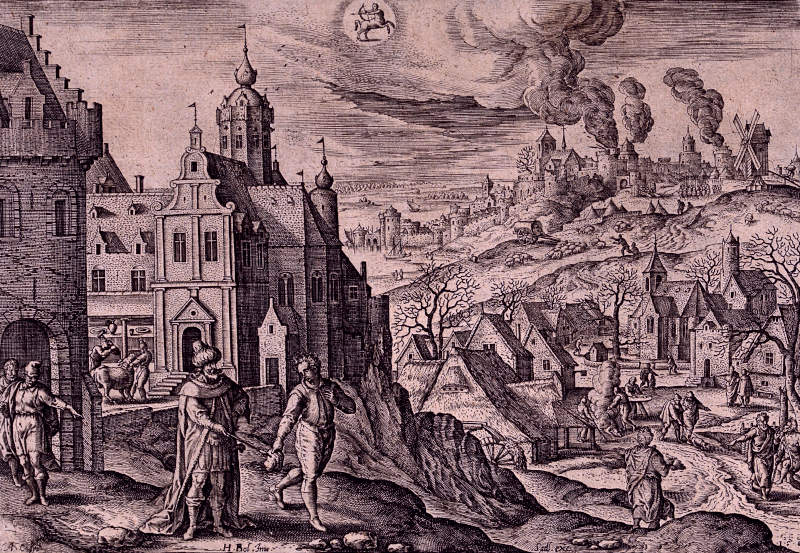 Winter activities, fire in a city, great supper; engraving by A. Collaert after H. Bol, 1585. Bol, Hans, 1534-1593