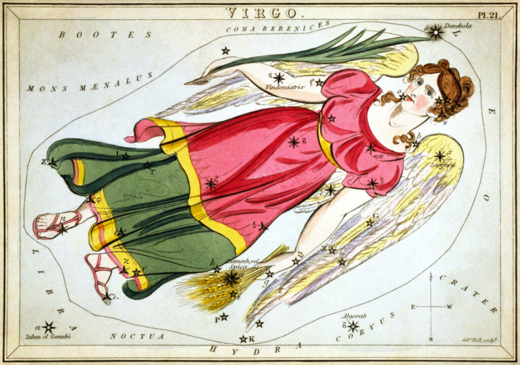 "Virgo", plate 21 in Urania's Mirror, a set of celestial cards accompanied by A familiar treatise on astronomy ... by Jehoshaphat Aspin. London. Astronomical chart, 1 print on layered paper board : etching, hand-colored. 1825
